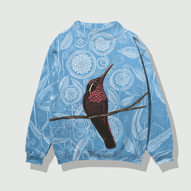 Vintage Geometric Flowers And Birds Pattern Print Mock Neck Sweatshirt - Light Blue - 4XL - image 4