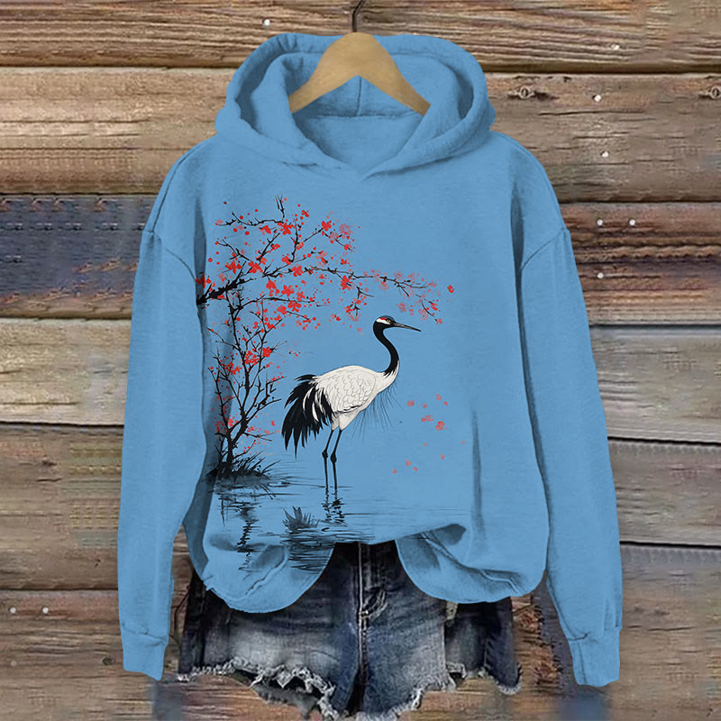 Japanese Crane With Floral Print Long Sleeve Hoodie - Lake Blue - US44-46(8XL) - image 2