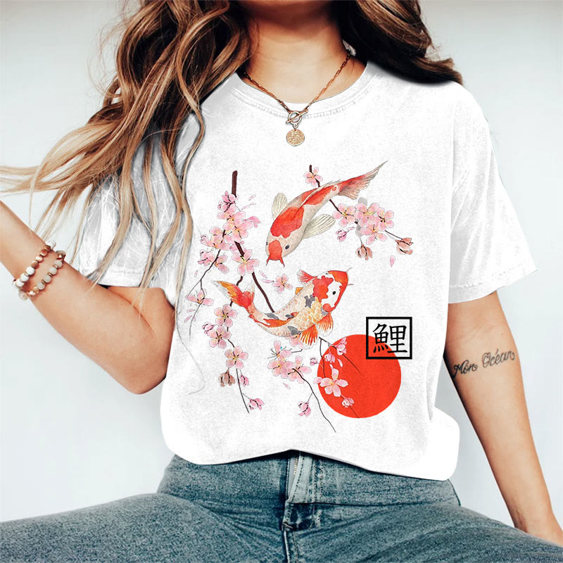 100% Cotton Women's Japanese Sakura Koi Carp Art Print Casual T-shirt - White - 2XL - image 4