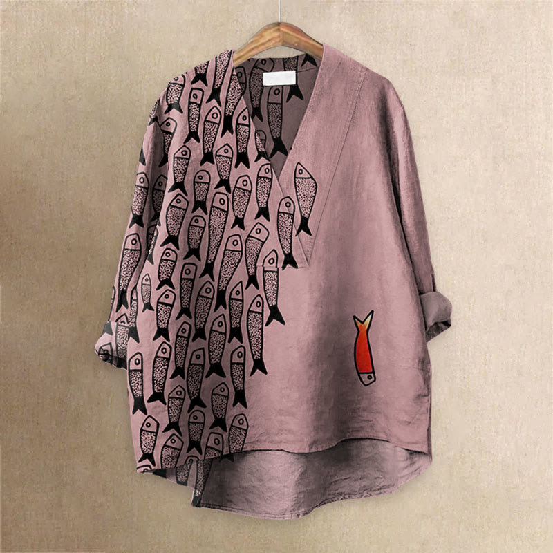 Cute Simple Lines Abstract Geometric Fish Art Printed Casual V-neck Blouse - Dark Pink - 6XL - image 4