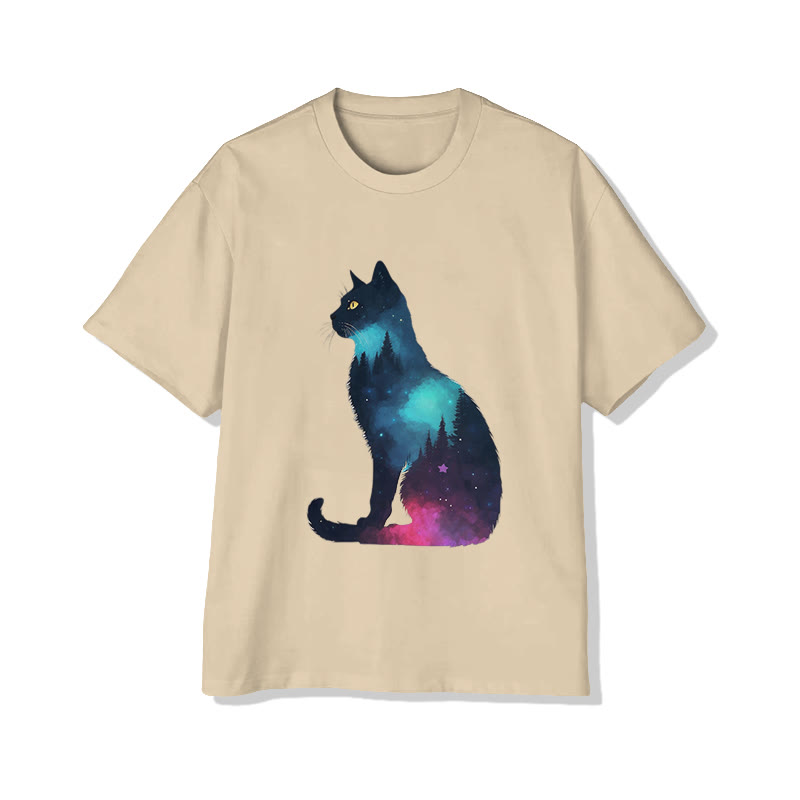 Unisex Mysterious Forest Cat Print Short Sleeved Crew Neck T-shirt - Apricot - 2XL - image 3