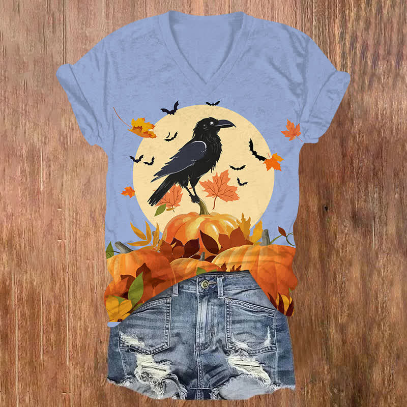 Halloween Crow Standing On Pumpkin Bush & Maple Leaves Print V-neck T-shirt - Blue - US32-34(5XL) - image 2