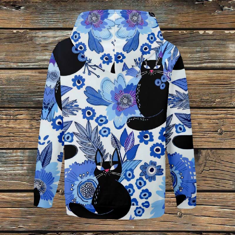 Women's Funny Black Cat % Blue Ink Floral Art Print Fleece Jacket - image 3
