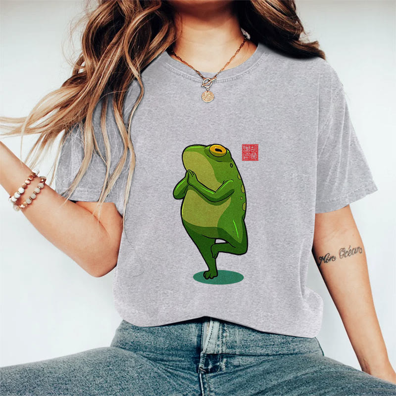 100% Cotton Funny Frog Yoga Art Print Casual T-shirt - Grey - 2XL - image 4