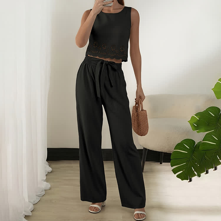 Elegant Solid Burnout Cutwork Round-neck Sleeveless Top & Lacing Pants Set - Black - XL - image 8