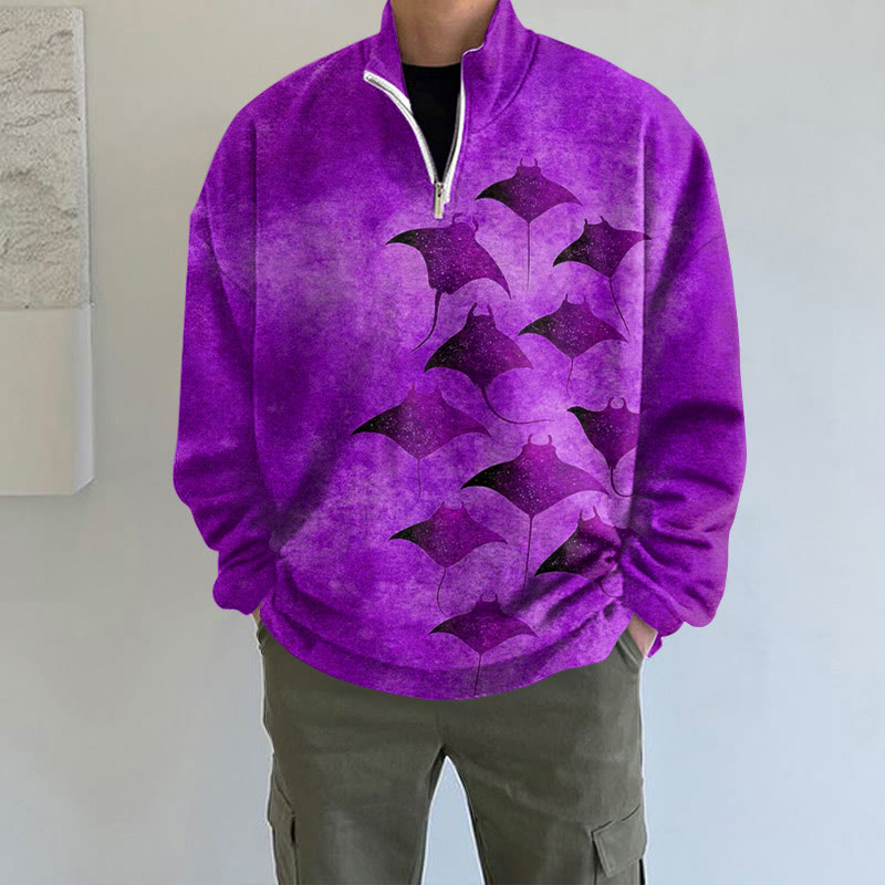 Men's Vintage Manta Ray Art Print Long Sleeve Zipper Sweatshirt - Purple - 5XL - image 10