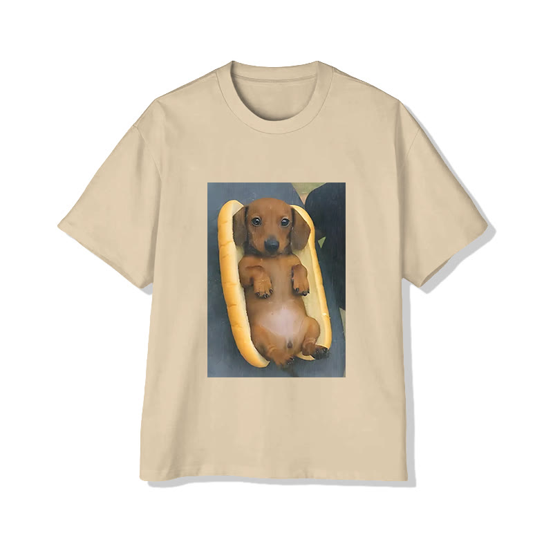 Unisex Cute Dog In The Bread Print Short Sleeved Crew Neck T-shirt - Apricot - 2XL - image 3