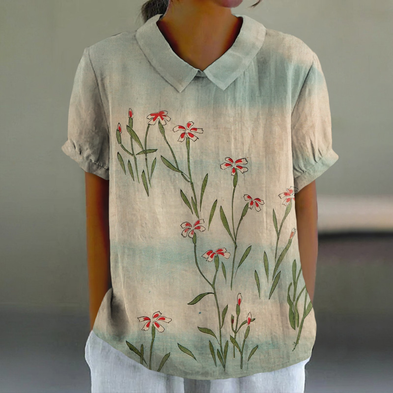 Vintage Contrast Floral Art Print Casual Lapel Loose Blouse - Apricot - 6XL - image 1