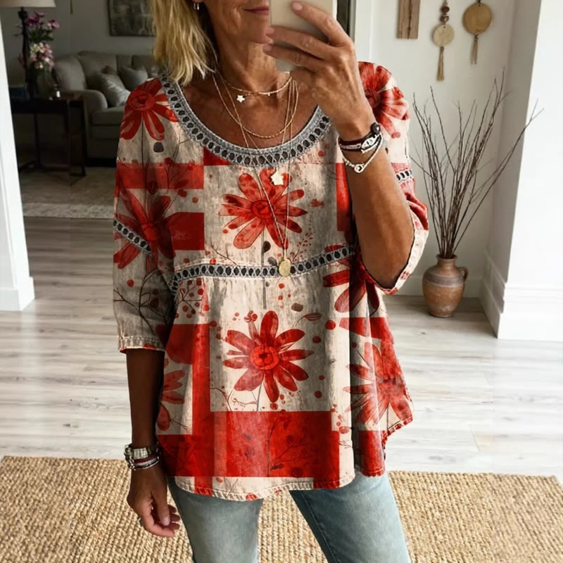 Boho Hippie Floral Print Openwork Lace Splicing Round Neck Half Sleeve Blouse - Red - 4XL - image 8