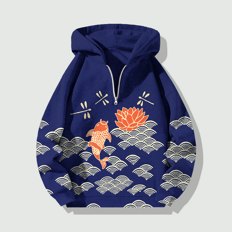 Unisex Japanese Style Koi Fish Dragonfly Wave Half Zip Hoodie - Navy Blue - US32-34(5XL) - image 5