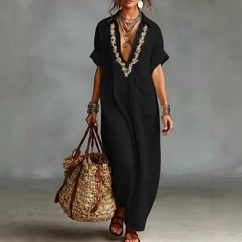 Elegant Solid Embroidered V-neck Pocket Lapel Short-sleeve Maxi Dress - Black - 3XL - image 4