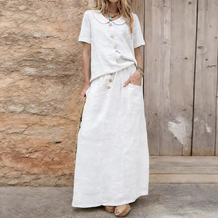 Elegant Solid Buttons Short Sleeve Peter Pan Collar Blouse & Solid Pocket Buttons Skirt Set - White - 3XL - image 5