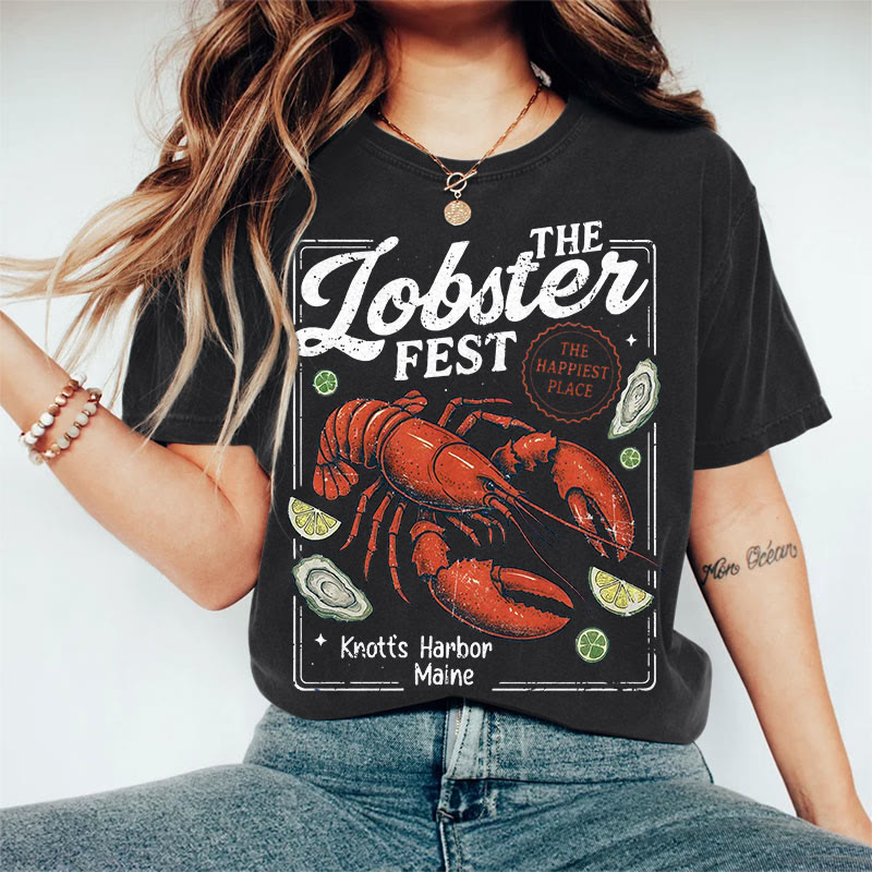 100% Cotton Women's The Lobster Fest Art Print Casual T-shirt - Black - 2XL - image 2