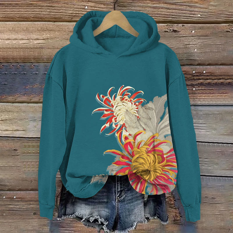 Floral Print Long Sleeve Hoodie - Dark Green - US44-46(8XL) - image 4