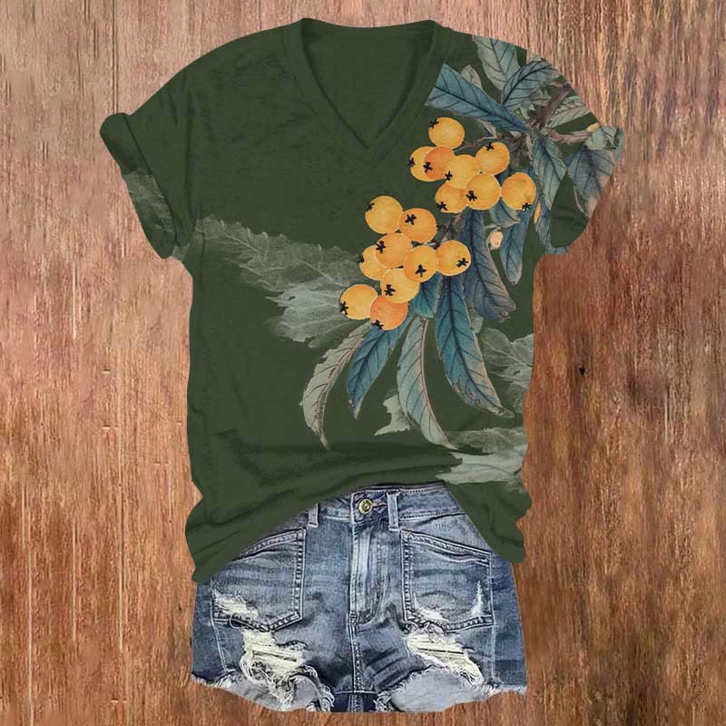 Japanese Watercolor Persimmon Art Print V-neck T-shirt - Green - US32-34(5XL) - image 2