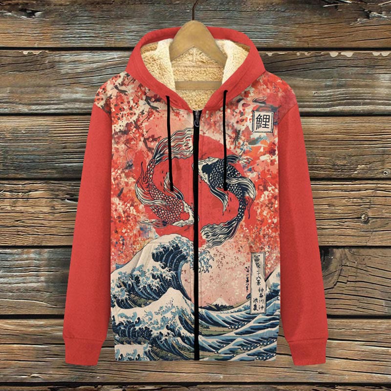 Japanese Koi Wave Print Fleece Jacket - Red - 4XL - image 1