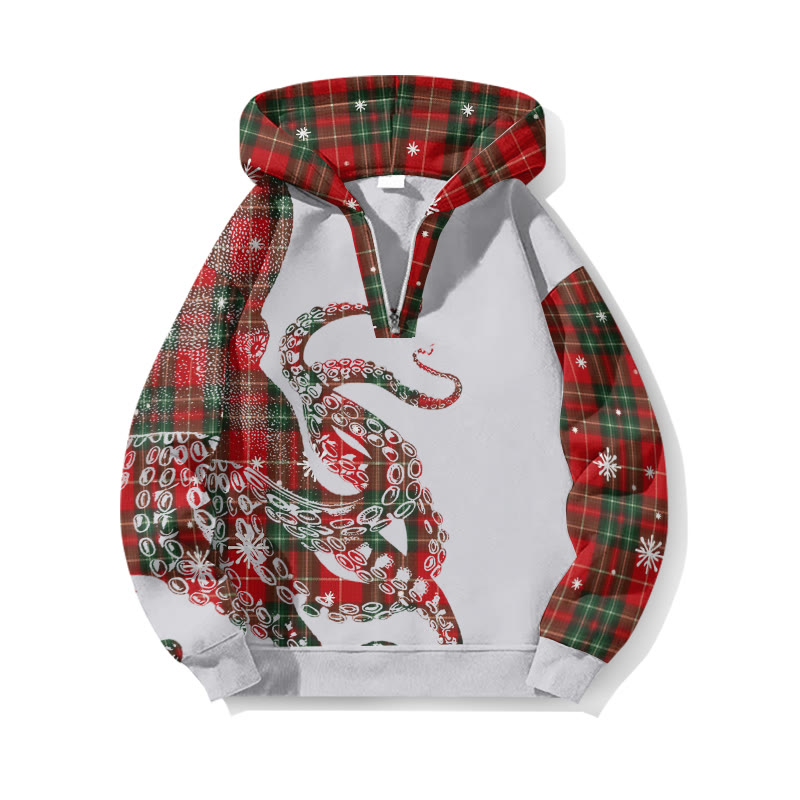 Christmas Snowflake Plaid Patchwork Japanese Art Octopus Print Half Zip Hoodie - Light Gray - US32-34(5XL) - image 4