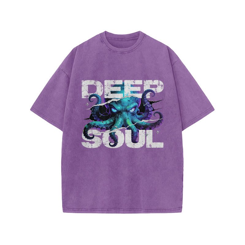 Deep Soul Octopus Print Acid Washed T-shirt - Purple - US20-22(3XL) - image 9