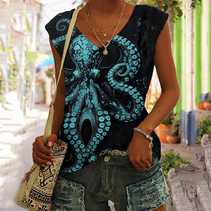 Vintage Octopus Art Print V-neck Tank Top - Light Blue - 5XL - image 5