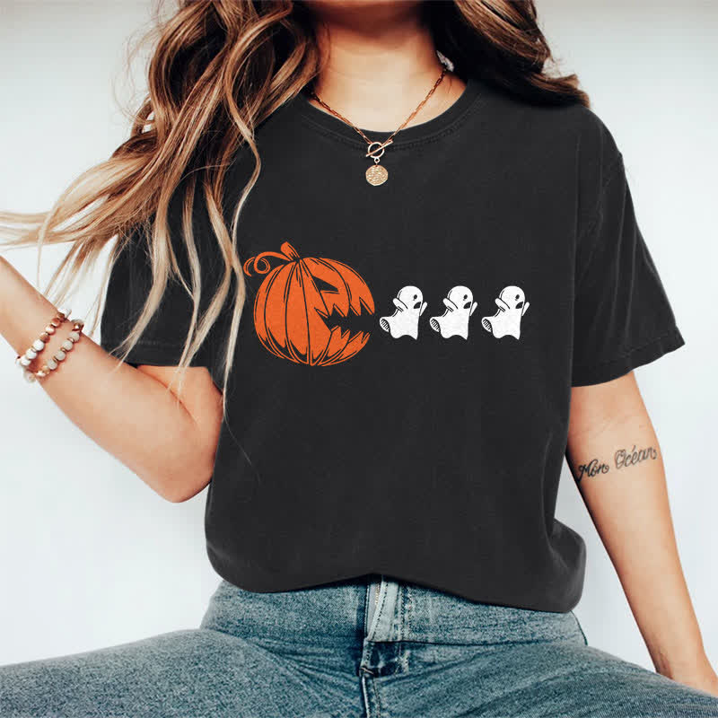 100% Cotton Women's Halloween Creative Pumpkin Eating Ghost Art Print Casual T-shirt - Black - 2XL - image 4