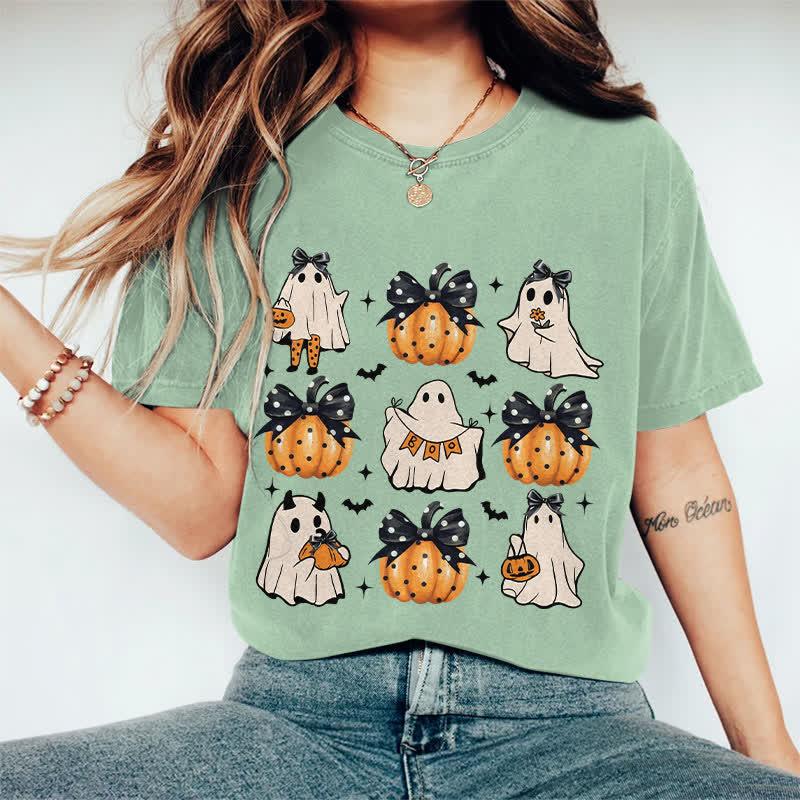 100% Cotton Halloween Girly Ghost & Pumpkin Art Print T-Shirt - Green - 2XL - image 10