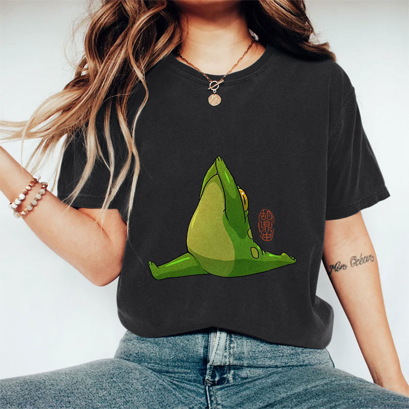 100% Cotton Funny Frog Doing Yoga Art Print Casual T-shirt - Black - 2XL - image 3