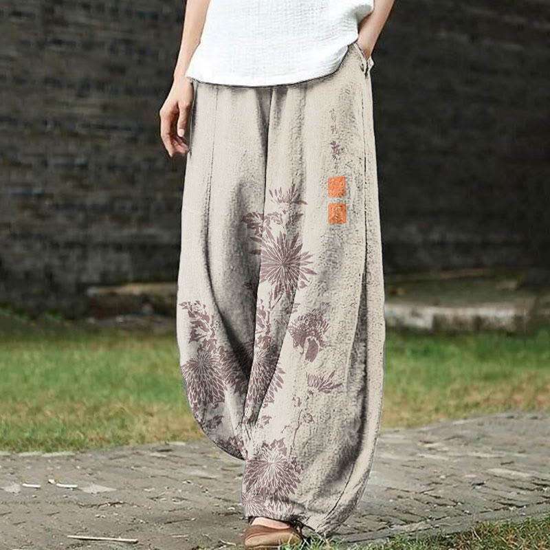 Vintage Chrysanthemum Print Casual Pants - Apricot - 5XL - image 5