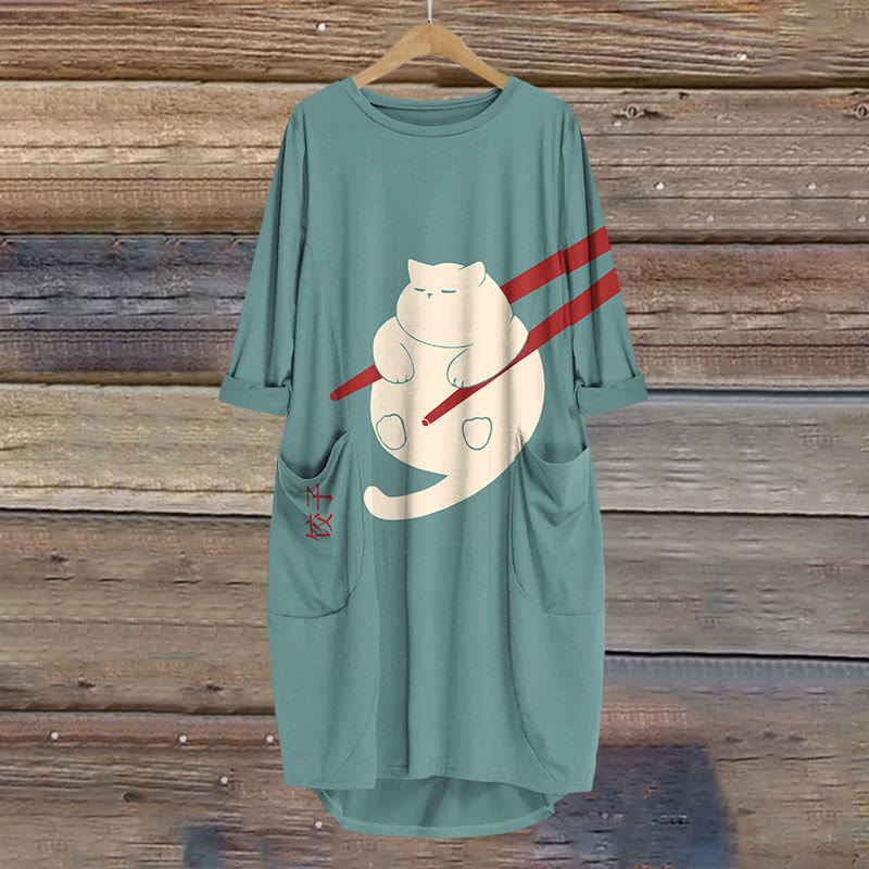 Cat Dumpling Art Print Crew Neck Casual Dress