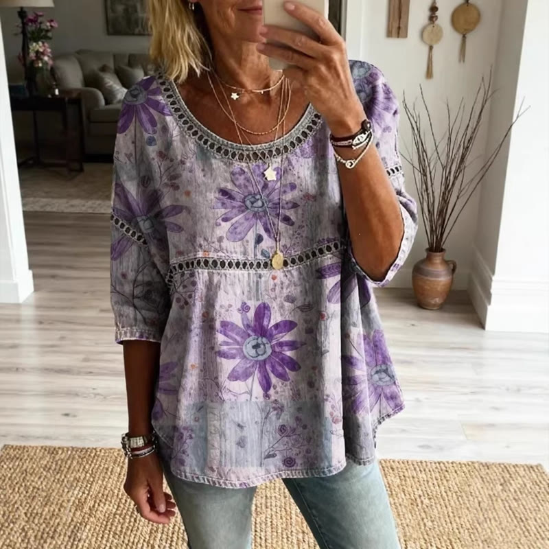 Boho Hippie Floral Print Openwork Lace Splicing Round Neck Half Sleeve Blouse - Purple - 4XL - image 4