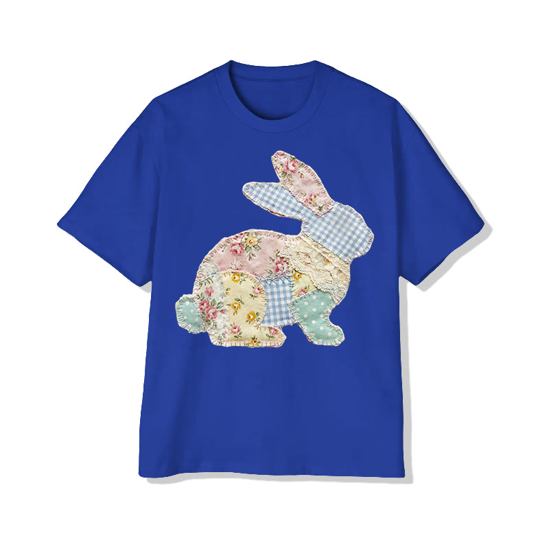 Trendy Pastoral Floral Bunny Patchwork Printed Cotton T-shirt - Royal Blue - 2XL - image 13