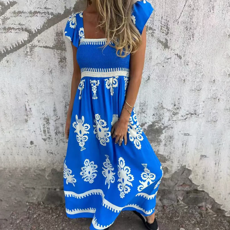 Boho Beach Ethnic Print Ruffled Strappy Maxi Dress - Blue - 3XL - image 4