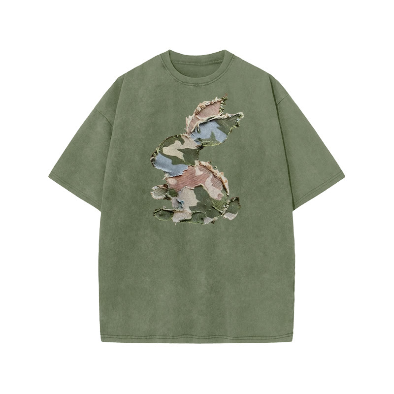 Unisex Easter Camouflage Bunny Irregular Pattern Pattern Art Print Acid Washed T-shirt - Olive Green - US20-22(3XL) - image 8