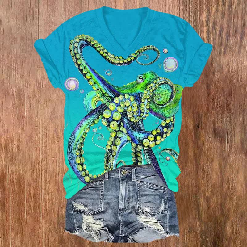 Watercolor Bubble Octopus Art Print V-neck T-shirt - Lake Blue - US32-34(5XL) - image 3