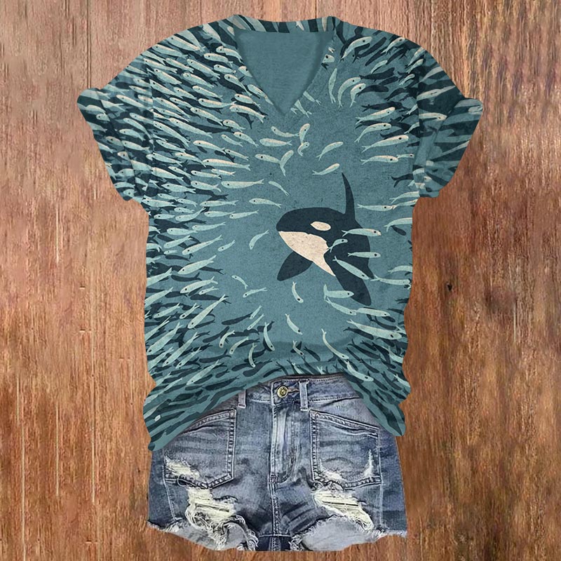 Orca And Herring Ball Art Print Print T-shirt - Green - 5XL - image 1