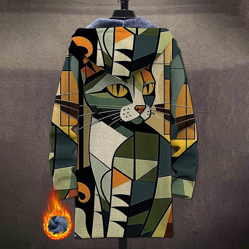 Retro Art Painting Colorful Cat Print Unisex Plush Thick Long-sleeved Fleece Jacket Coat - image 3