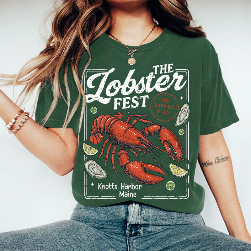 100% Cotton Women's The Lobster Fest Art Print Casual T-shirt - Dark Green - 2XL - image 5