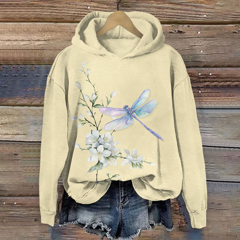 Vintage Spring Dragonfly & Pear Blossom Art Print Long Sleeve Hoodie - Apricot - US44-46(8XL) - image 4