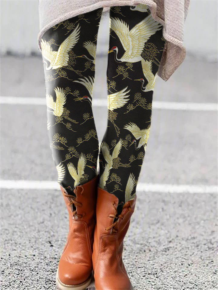 Dashingsoul Cranes & Pine Trees Japanese Traditional Pattern Leggings