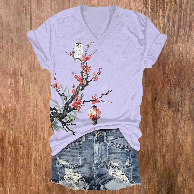 Vintage Lantern & Owl On Peach Blossom Tree Art T-shirt - Purple - US32-34(5XL) - image 2