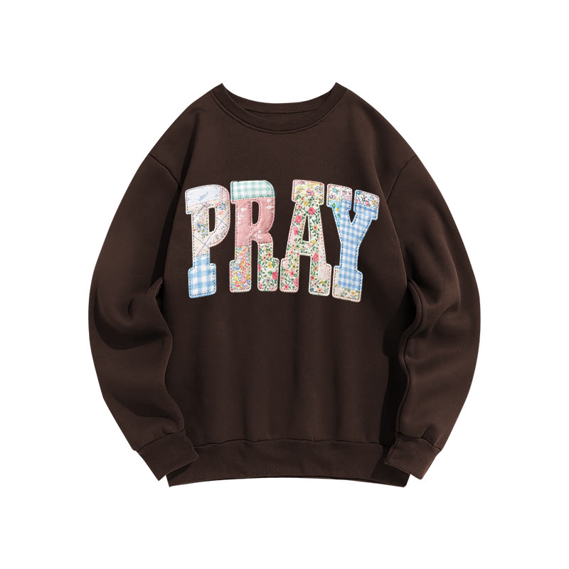 Christian Sublimation Pray Faux Embroidered Patchwork Print Sweatshirt - Coffee - US16-18(2XL) - image 6