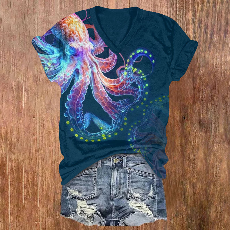 Vintage Technological Octopus Print V-neck T-shirt - Blue - US32-34(5XL) - image 2