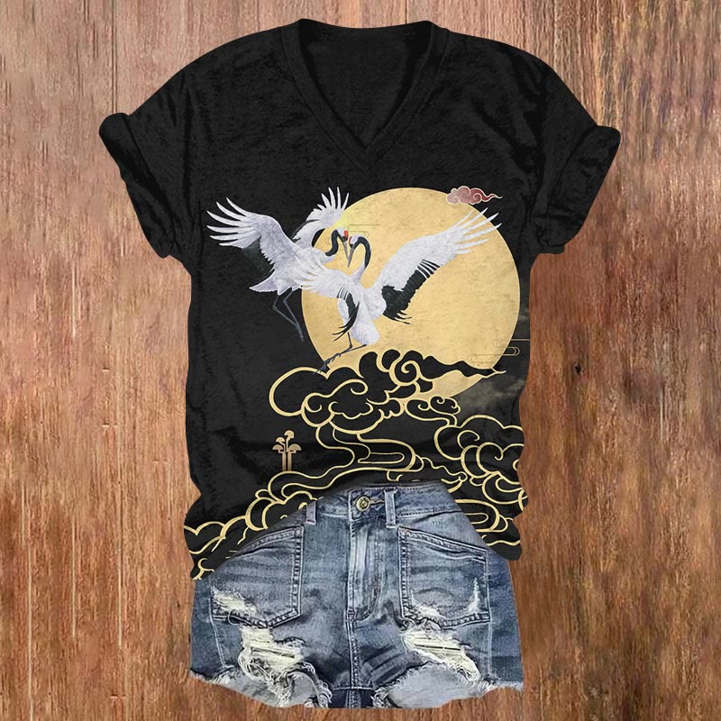 Japanese Couple Crane In Love Under The Moon Print V-neck T-shirt - Black - US32-34(5XL) - image 2