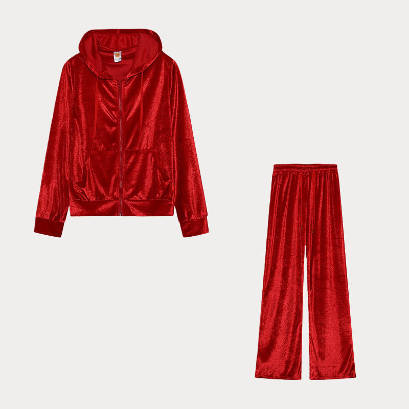 Solid Color Rhinestone Velvet Sporty Casual Two-Piece Set - Red - 2XL - image 8