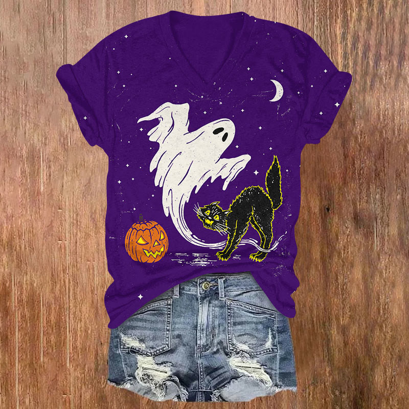 Halloween Ghaot & Cat Print V-neck T-shirt - Purple - US32-34(5XL) - image 3