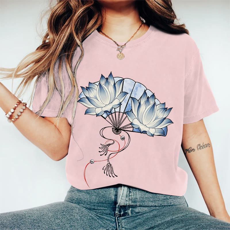 100% Cotton Women's Japanese Style Blue Flower Fan Art Print Casual T-shirt - Pink - 2XL - image 4