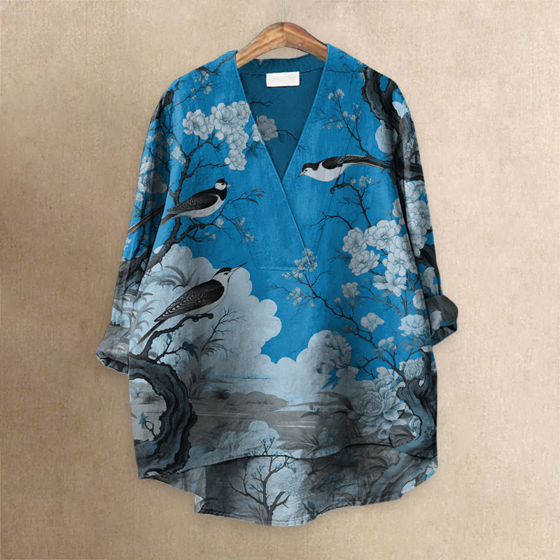 Japanese Flower And Bird Painting Art Printed Casual V-neck Blouse - Blue - 6XL - image 4