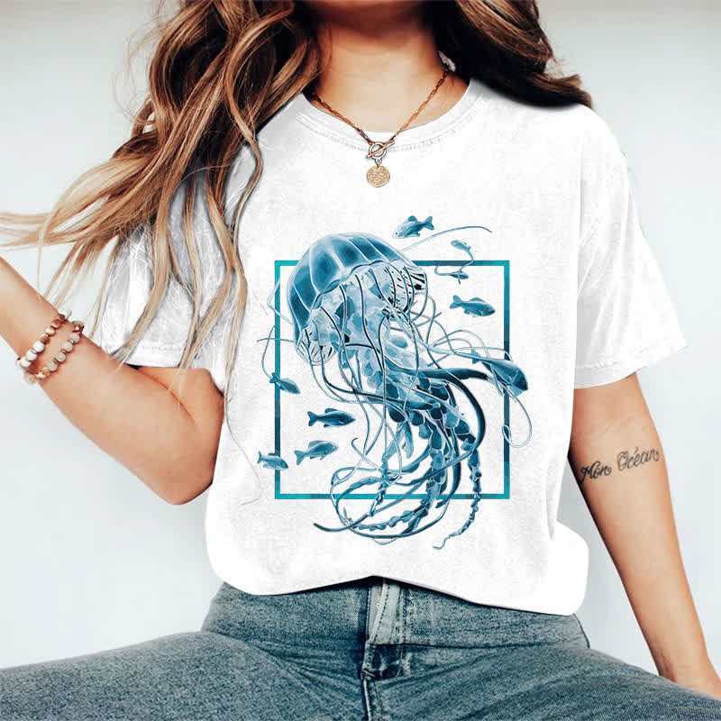 100% Cotton Women's Fantasy Jellyfish Surrounded By Fish Art Print Casual T-shirt - White - 2XL - image 3
