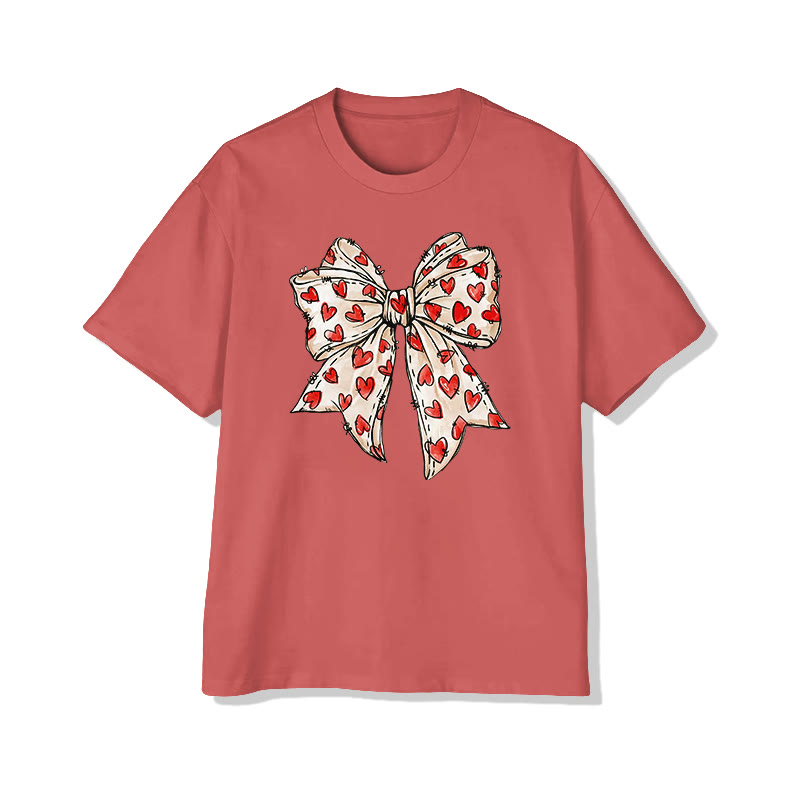 Heart-patterned Bow Valentine's Day Print T-shirt - Dark Pink - 8XL - image 6
