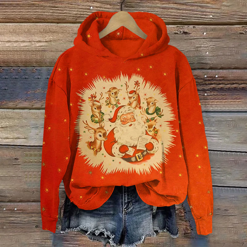 Christmas vintage santa with Elk Print Long Sleeve Hoodie - Red - US44-46(8XL) - image 2