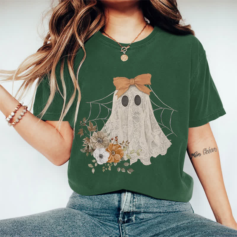 100% Cotton Halloween Funny Floral Bow Ghost Art Print T-shirt - Dark Green - 2XL - image 10